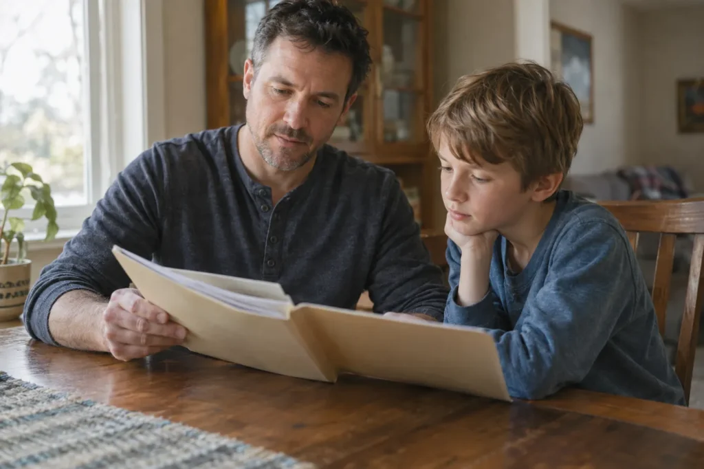 A father and his young son look through a folder of health records at home