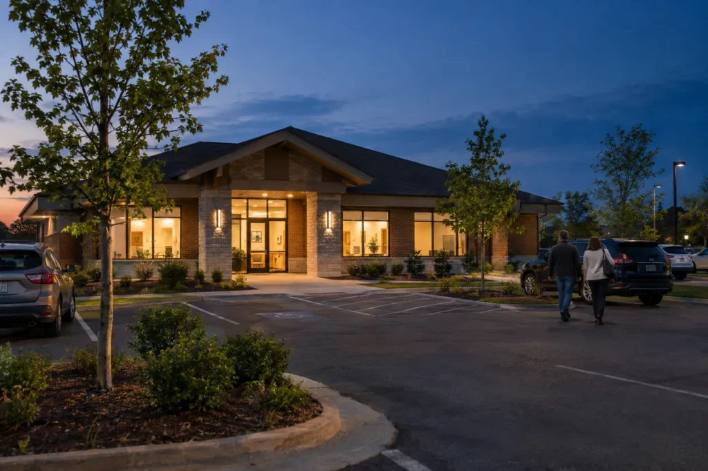 A small suburban medical building with glowing windows and a few cars in the lot at dusk
