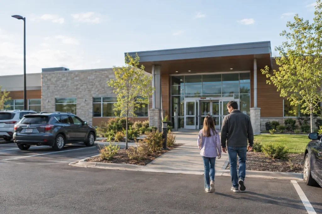 Father and daughter walking from the parking lot to a small suburban urgent care building on a sunny morning