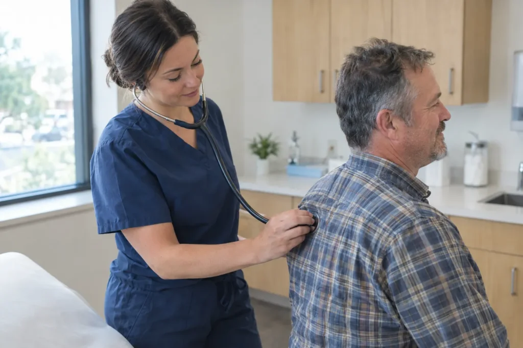 Clinician in navy scrubs listening with a stethoscope to a man's back during a physical