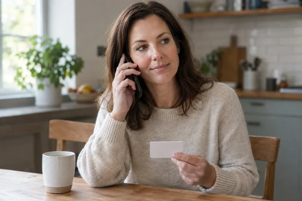Woman at her kitchen table calling to check her insurance plan while holding her card