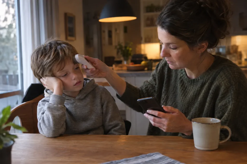 Mother checking her young son's temperature at the kitchen table while she decides where to get care