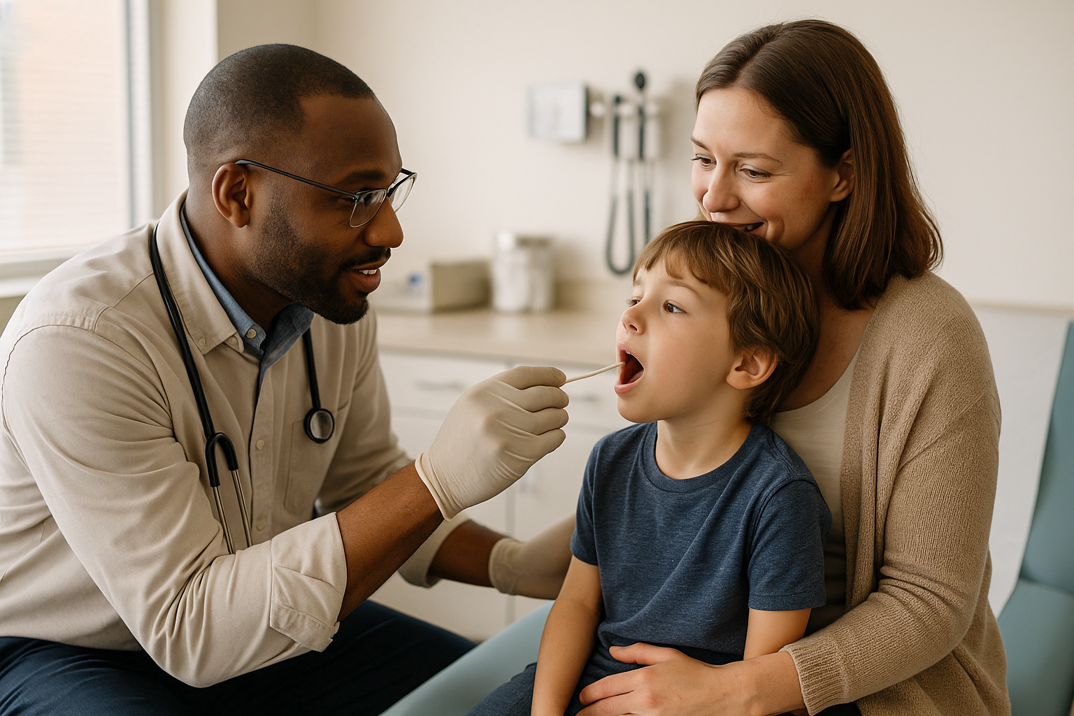 A clinician performing a rapid throat swab on a school-age child seated with a parent