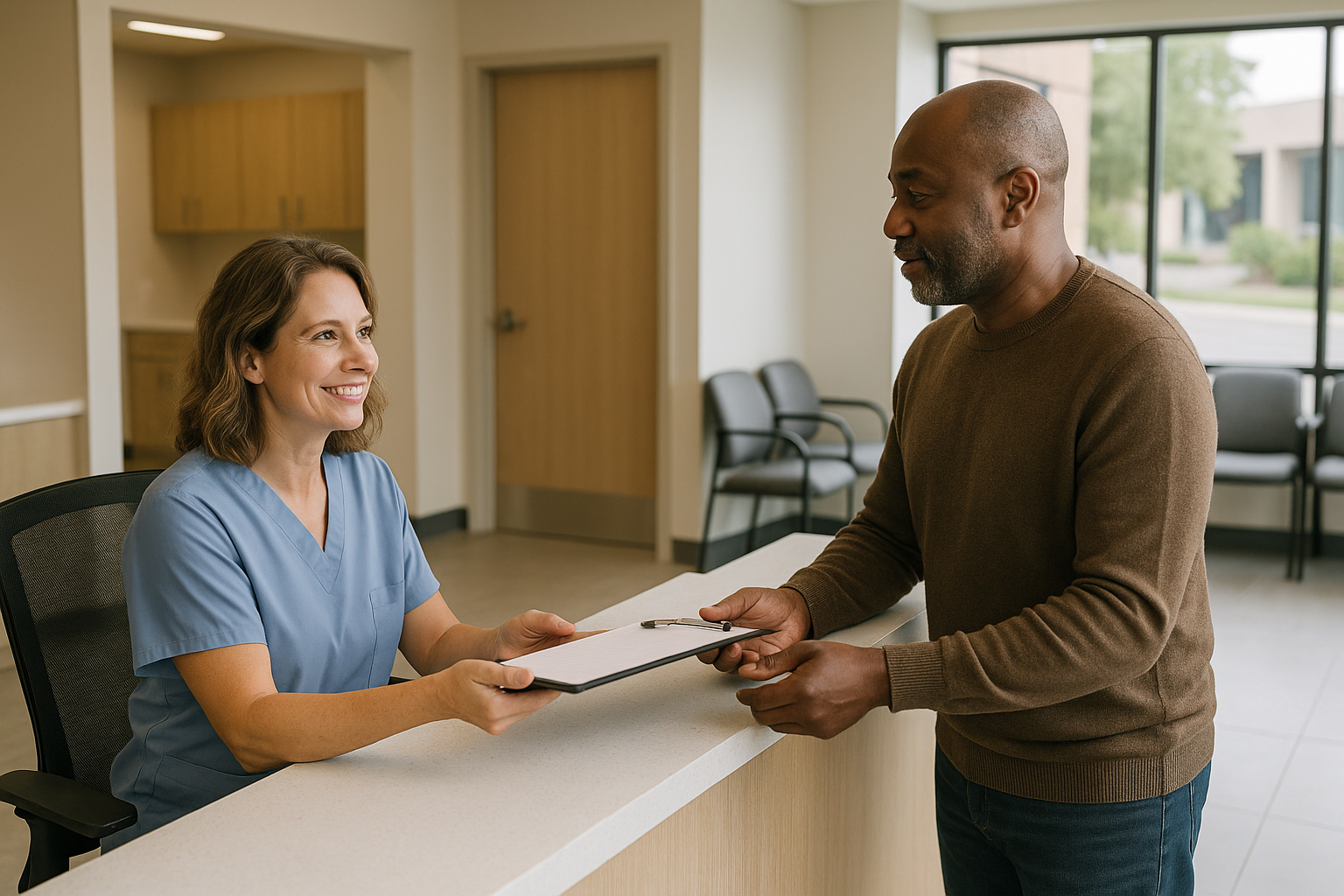 A staff member checking in a patient at a calm urgent care reception desk